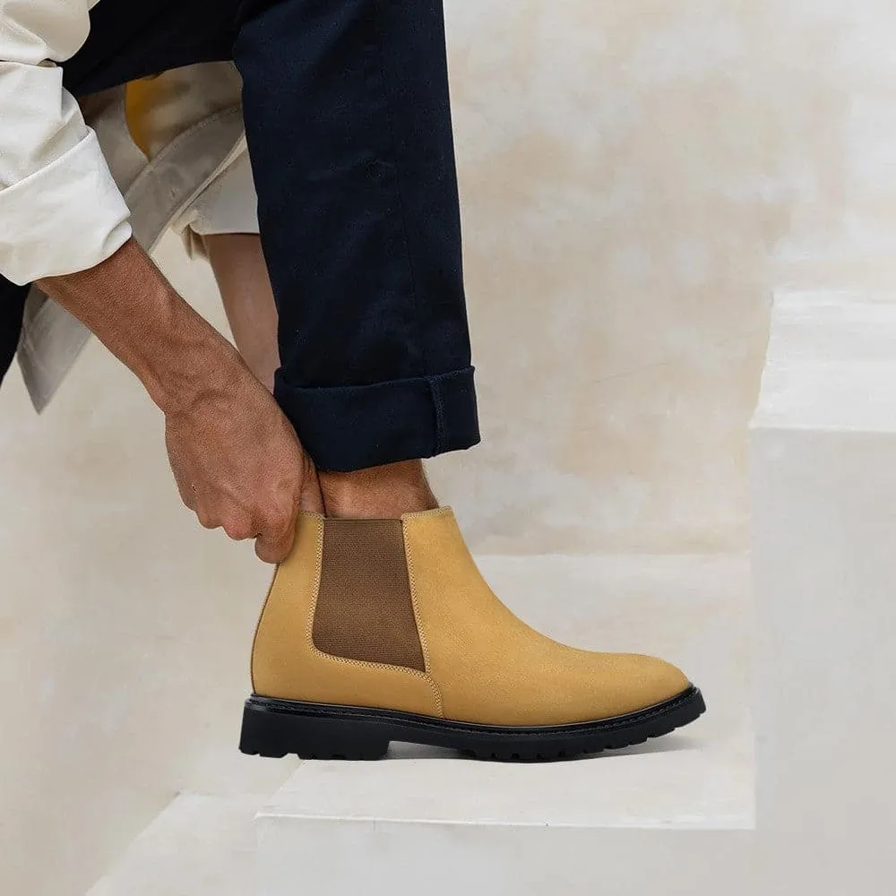 7 CM / 2.76 Inches CMR CHAMARIPA Height Increasing Shoes - Men's Yellow Nubuck Chelsea Boots