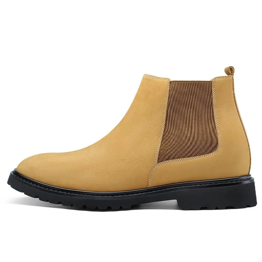 7 CM / 2.76 Inches CMR CHAMARIPA Height Increasing Shoes - Men's Yellow Nubuck Chelsea Boots