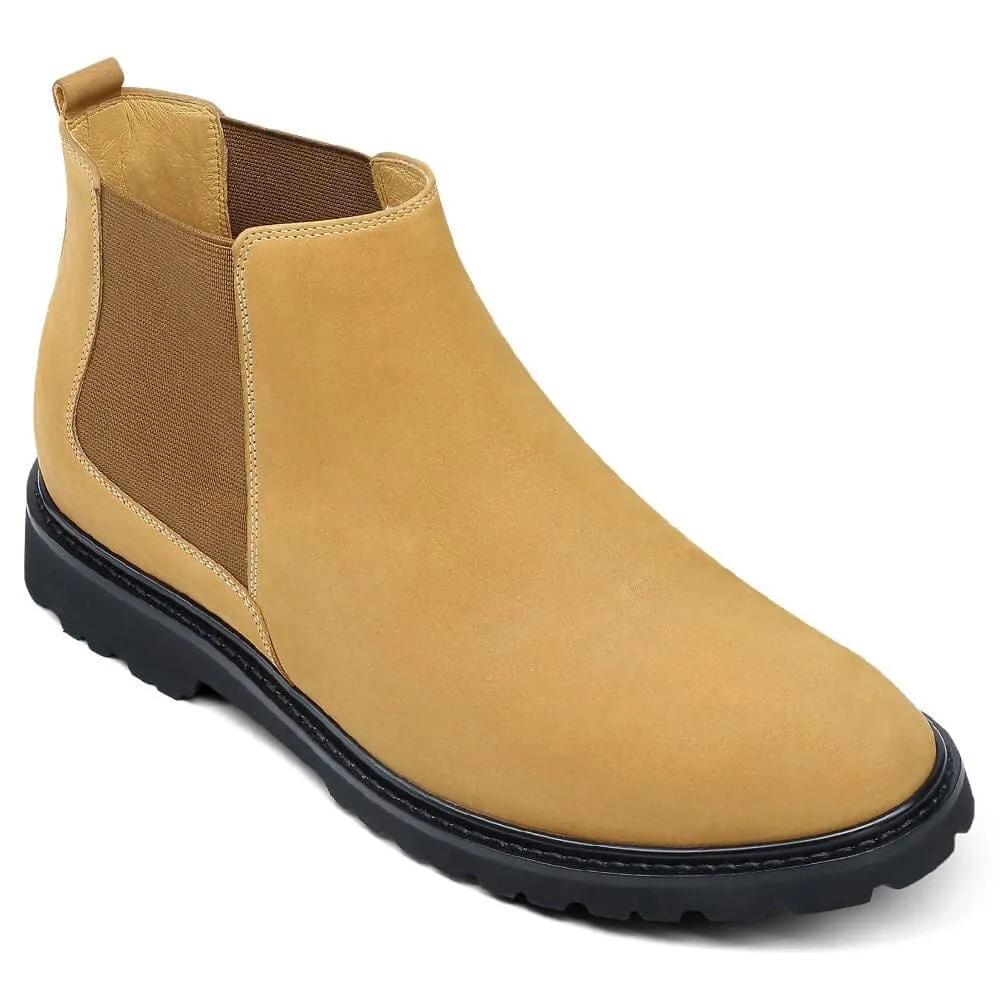 7 CM / 2.76 Inches CMR CHAMARIPA Height Increasing Shoes - Men's Yellow Nubuck Chelsea Boots