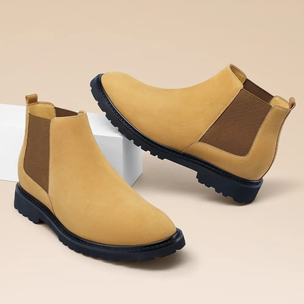 7 CM / 2.76 Inches CMR CHAMARIPA Height Increasing Shoes - Men's Yellow Nubuck Chelsea Boots