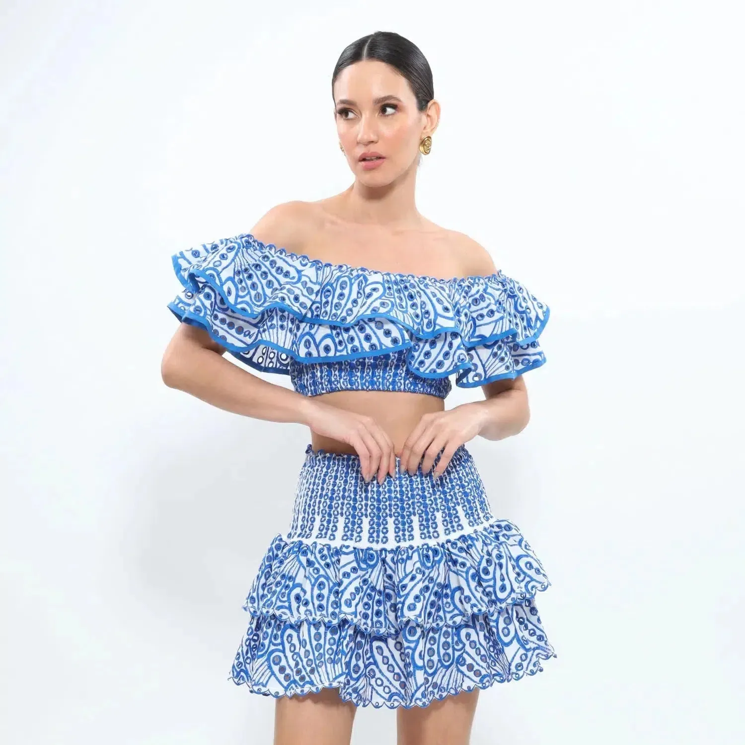 Aegean Glow Set – Fringe details – Frilled high-waisted skirt