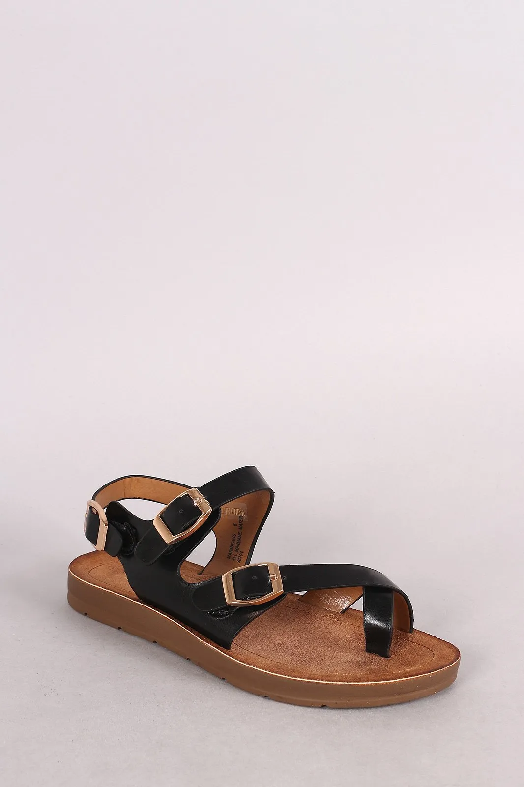 Bamboo Leather Asymmetrical Buckled Toe Ring Flat Sandal