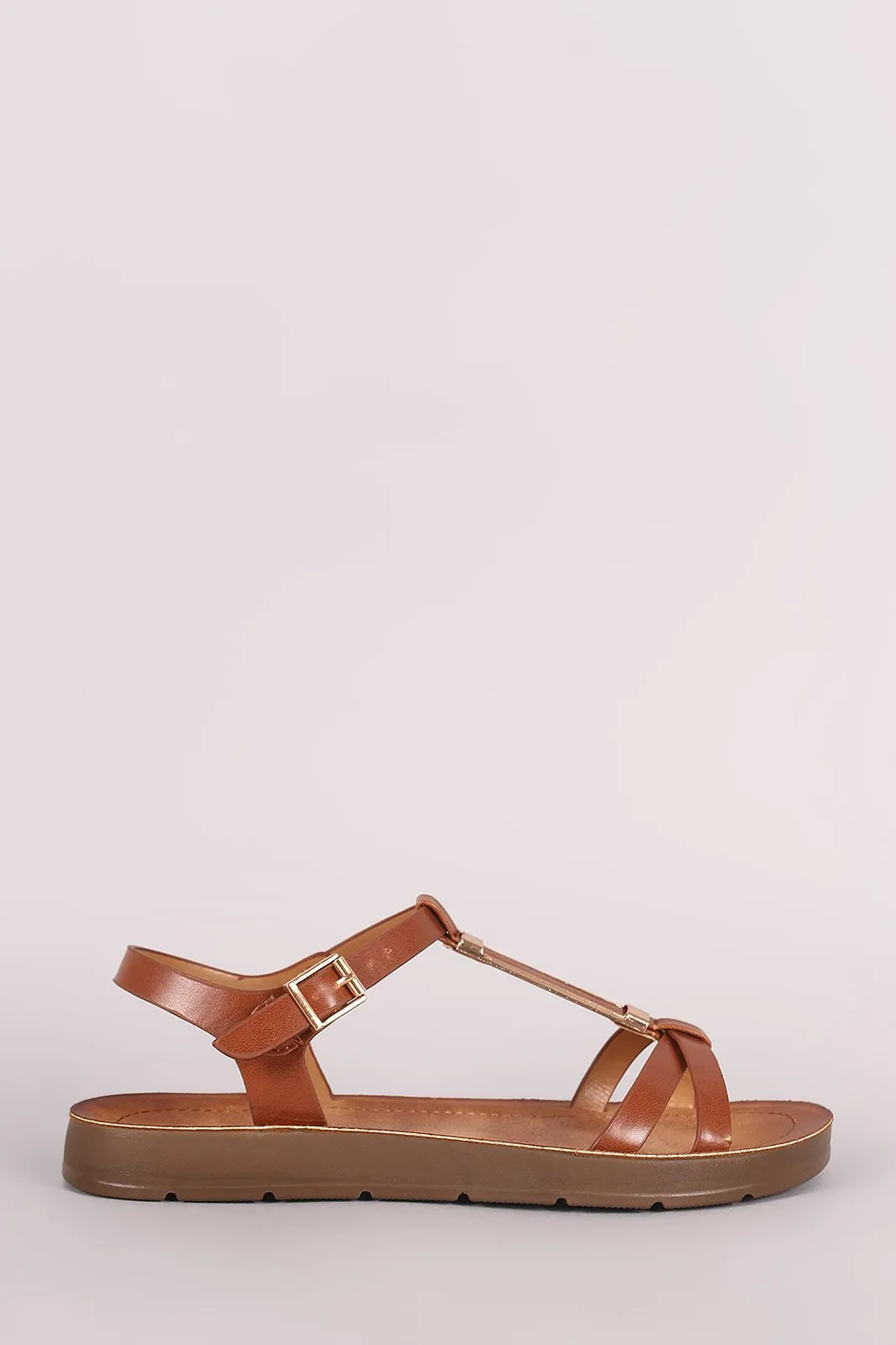 Bamboo Metallic Hardware T-Strap Open Toe Flat Sandal