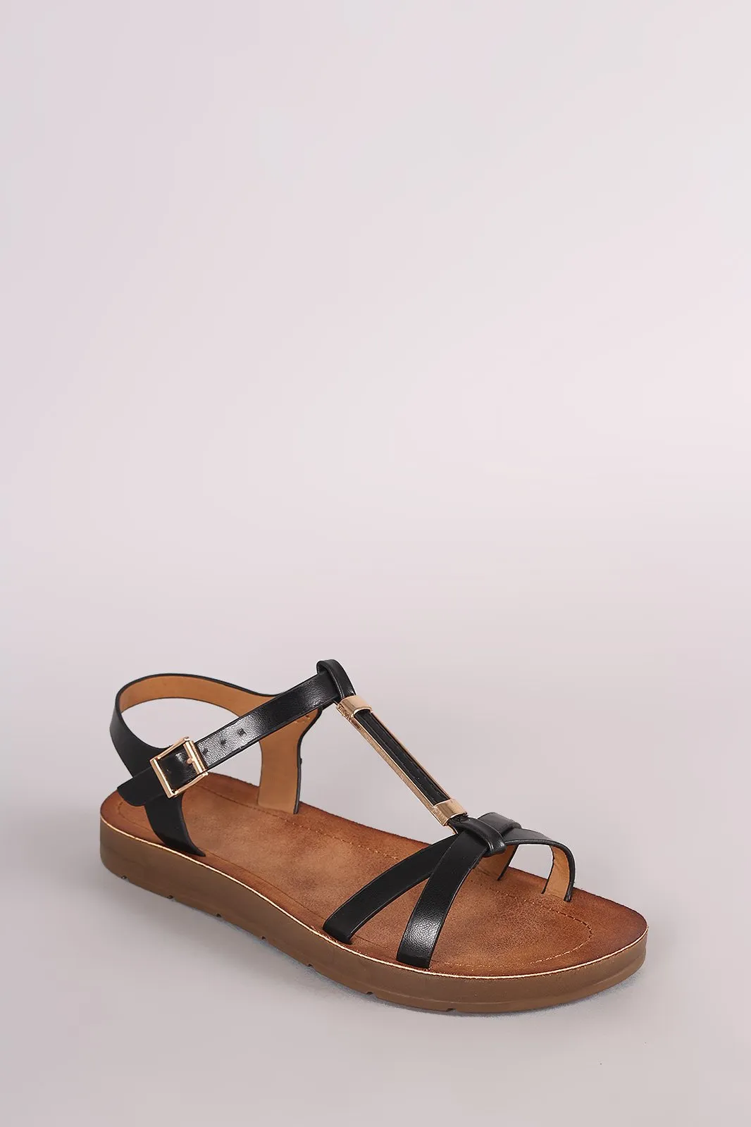 Bamboo Metallic Hardware T-Strap Open Toe Flat Sandal