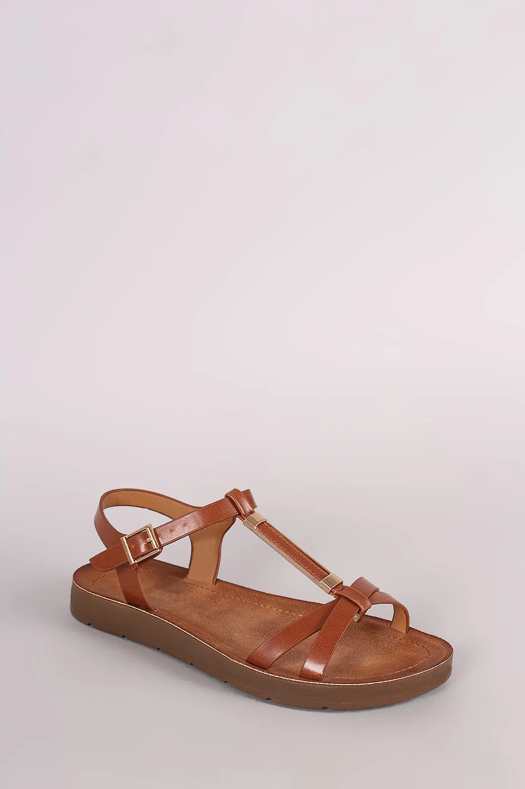 Bamboo Metallic Hardware T-Strap Open Toe Flat Sandal