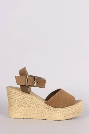 Bamboo Suede Ankle Strap Espadrille Embossed Platform Wedge