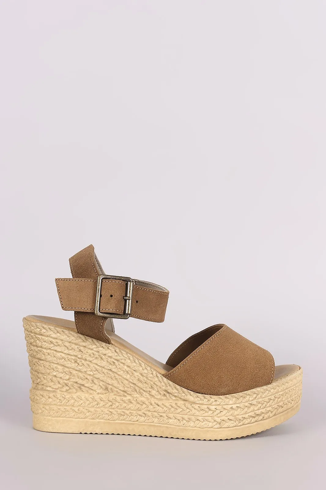 Bamboo Suede Ankle Strap Espadrille Embossed Platform Wedge