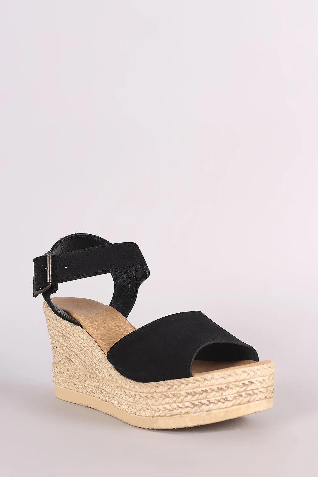 Bamboo Suede Ankle Strap Espadrille Embossed Platform Wedge