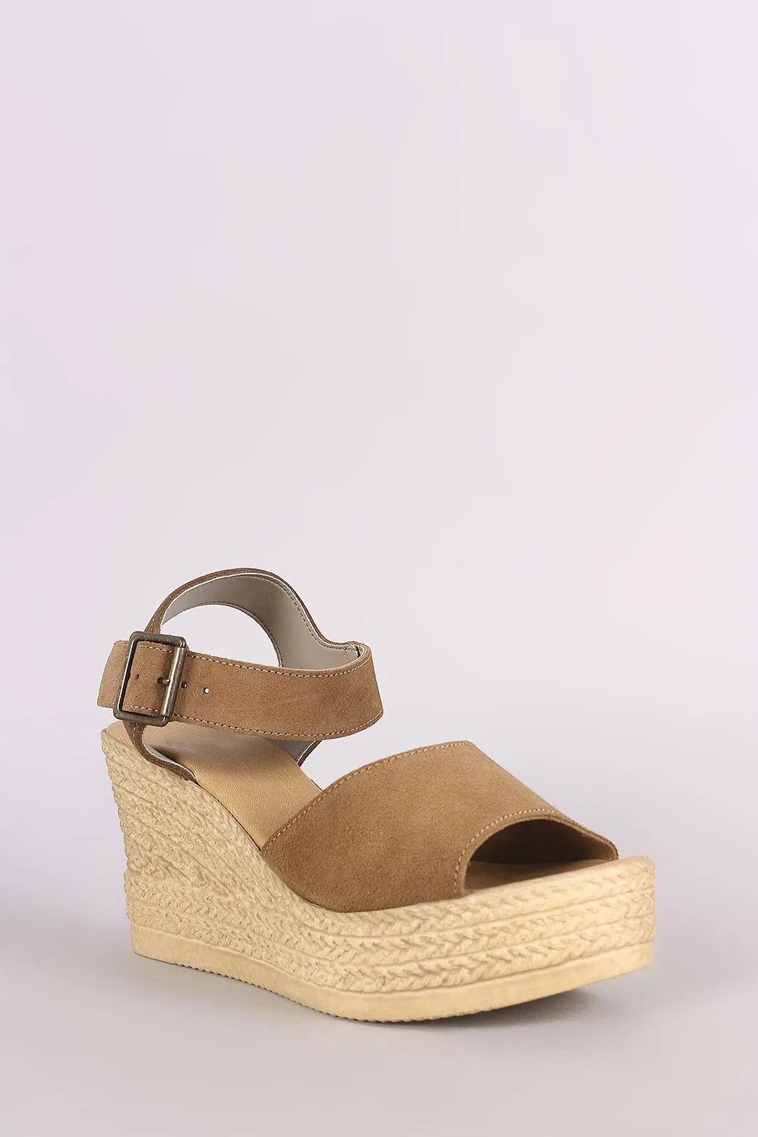 Bamboo Suede Ankle Strap Espadrille Embossed Platform Wedge