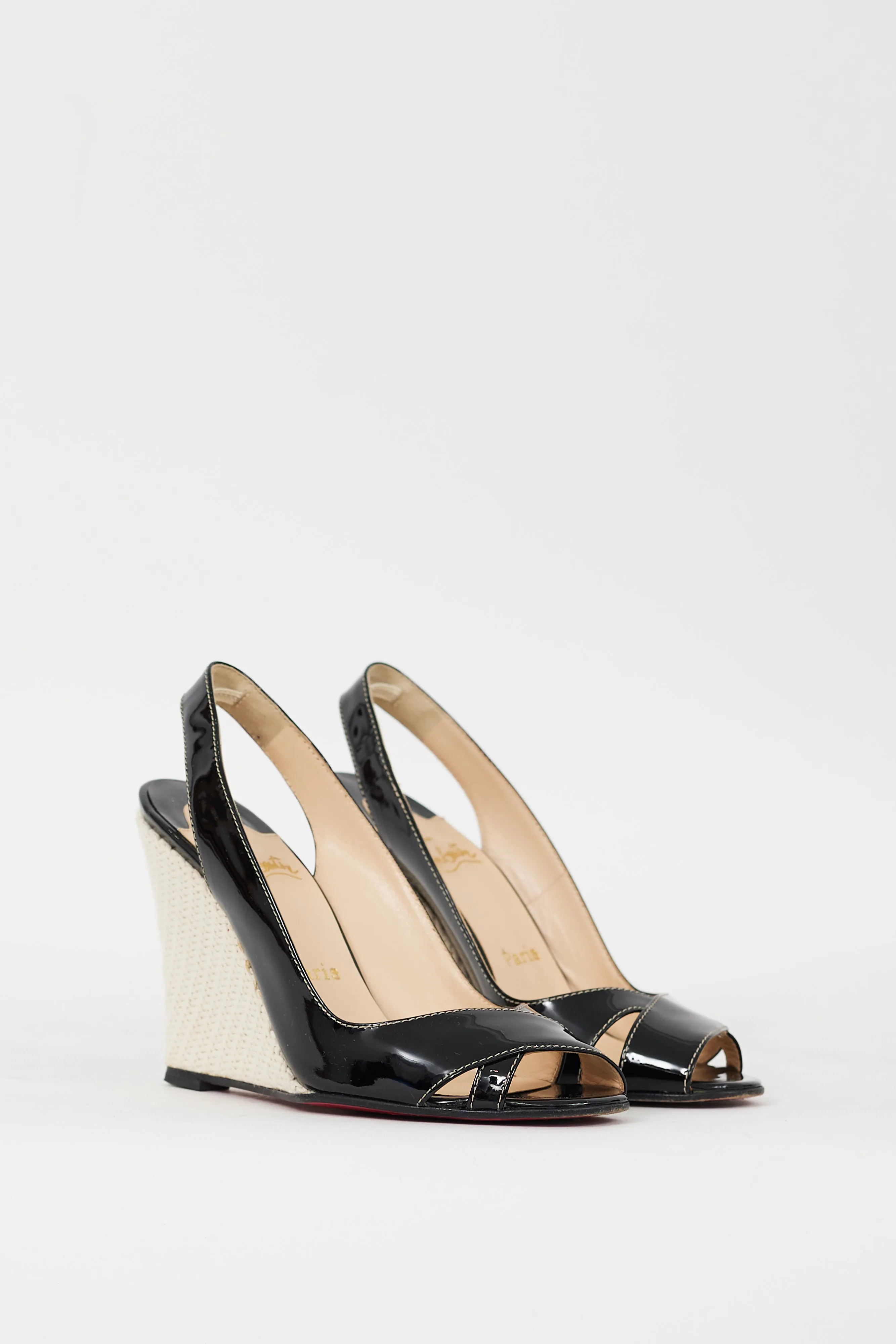 Black & Cream Patent Leather Slingback Wedge