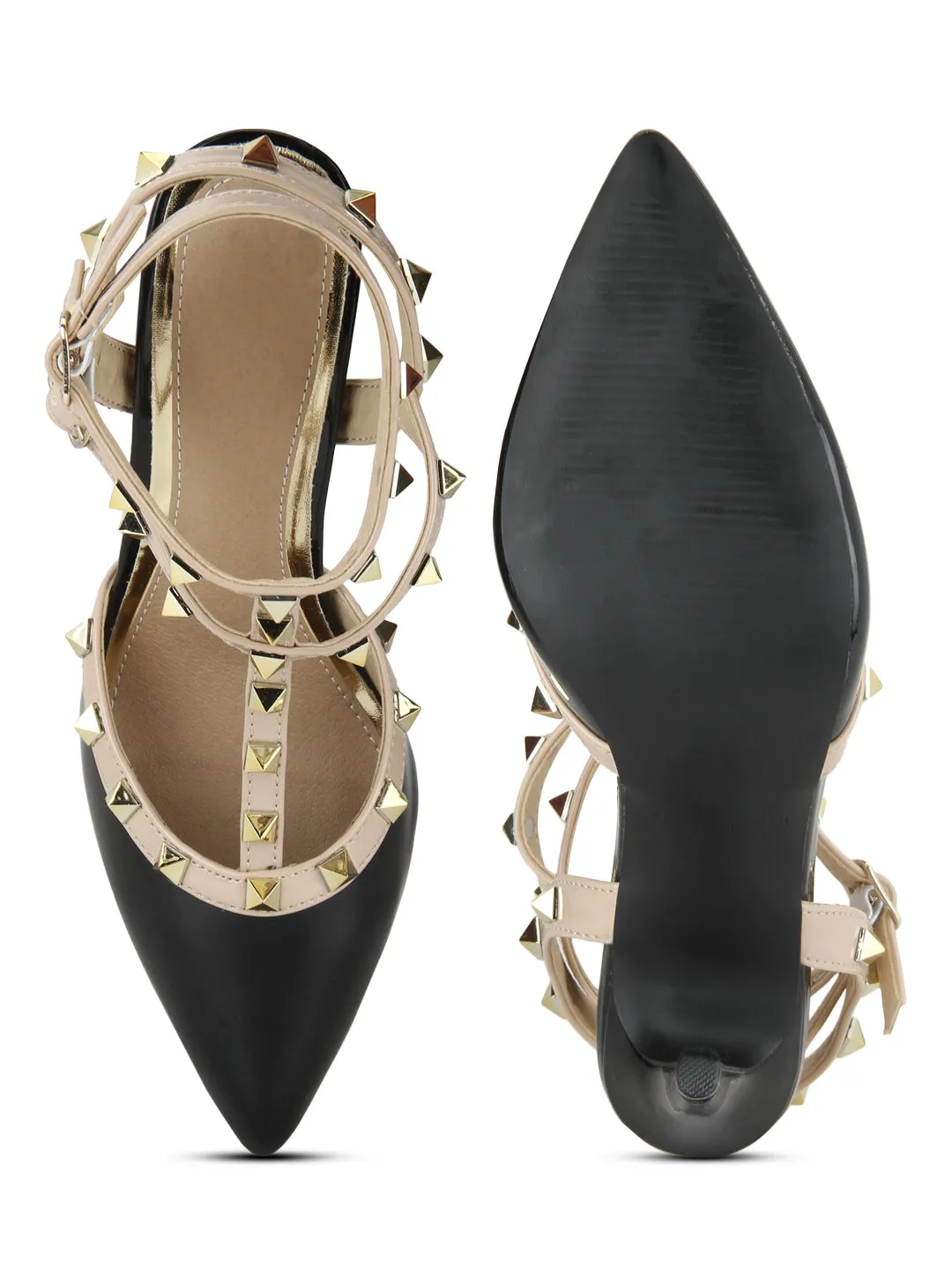 Black Nude Studded Strappy Stiletto Heels