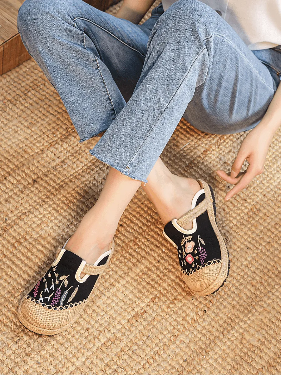 CACTUS ROSE | BLOSSOM WHEAT EMBROIDERED LINEN MULE - BLACK