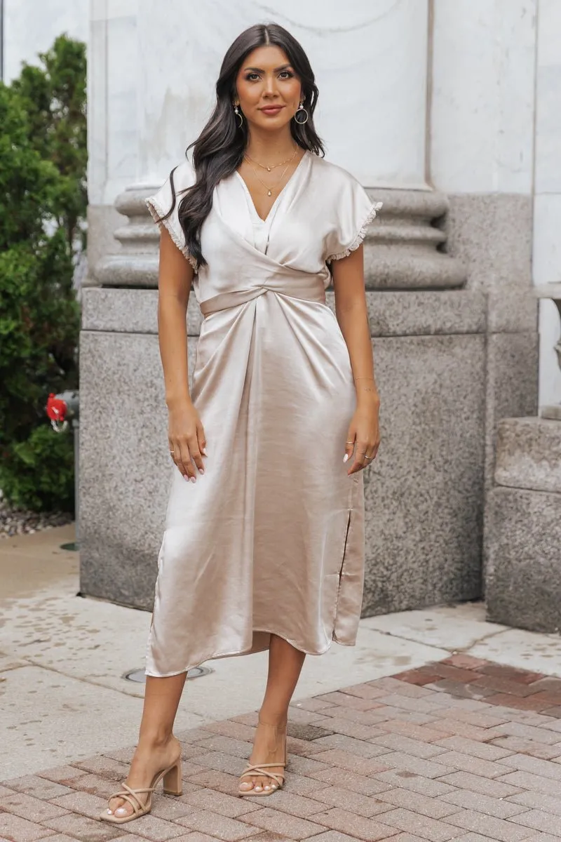 Champagne Satin Wrap Midi Dress - FINAL SALE