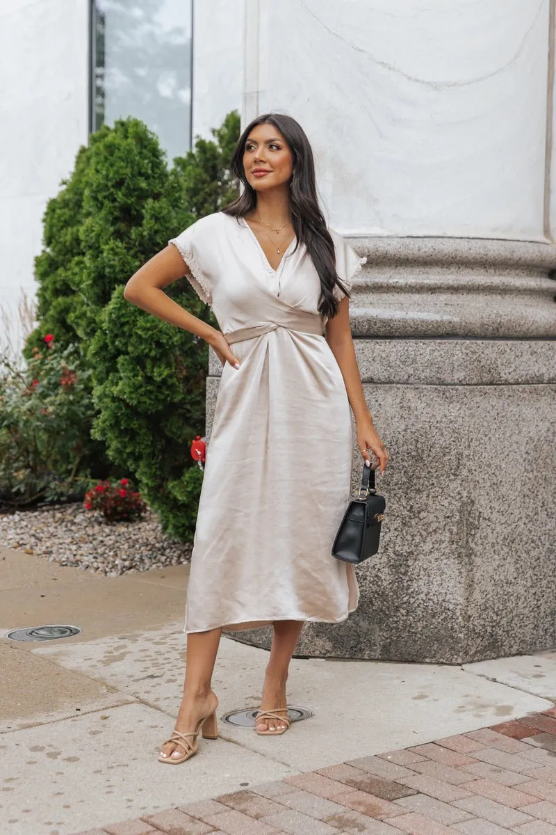 Champagne Satin Wrap Midi Dress - FINAL SALE