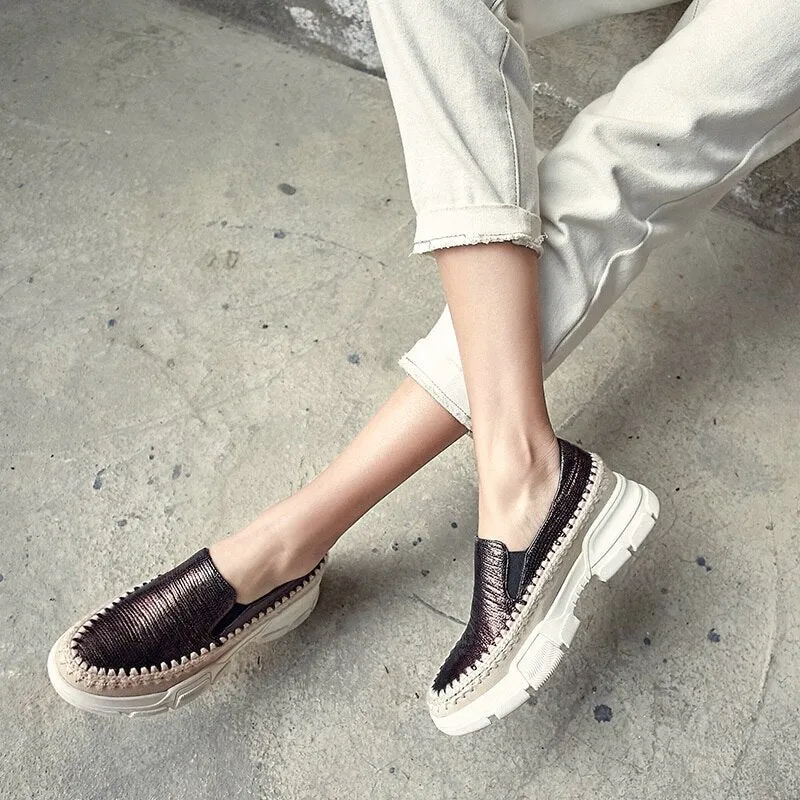 Chicmy Causal Loafers Metal Sheepskin Women Flats Slip On Ladies Simple Shoes Silver Color Platform Footwear