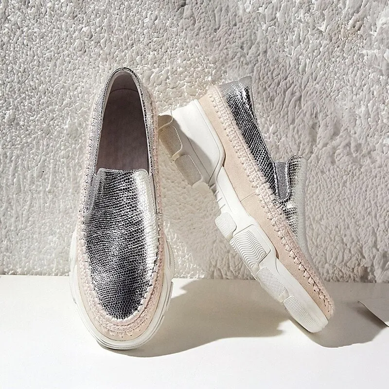 Chicmy Causal Loafers Metal Sheepskin Women Flats Slip On Ladies Simple Shoes Silver Color Platform Footwear