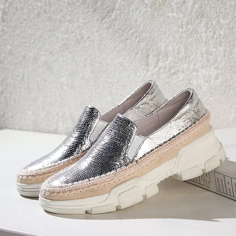 Chicmy Causal Loafers Metal Sheepskin Women Flats Slip On Ladies Simple Shoes Silver Color Platform Footwear