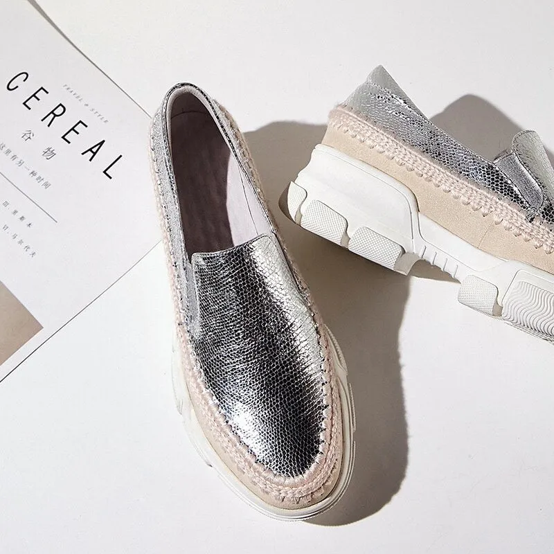 Chicmy Causal Loafers Metal Sheepskin Women Flats Slip On Ladies Simple Shoes Silver Color Platform Footwear