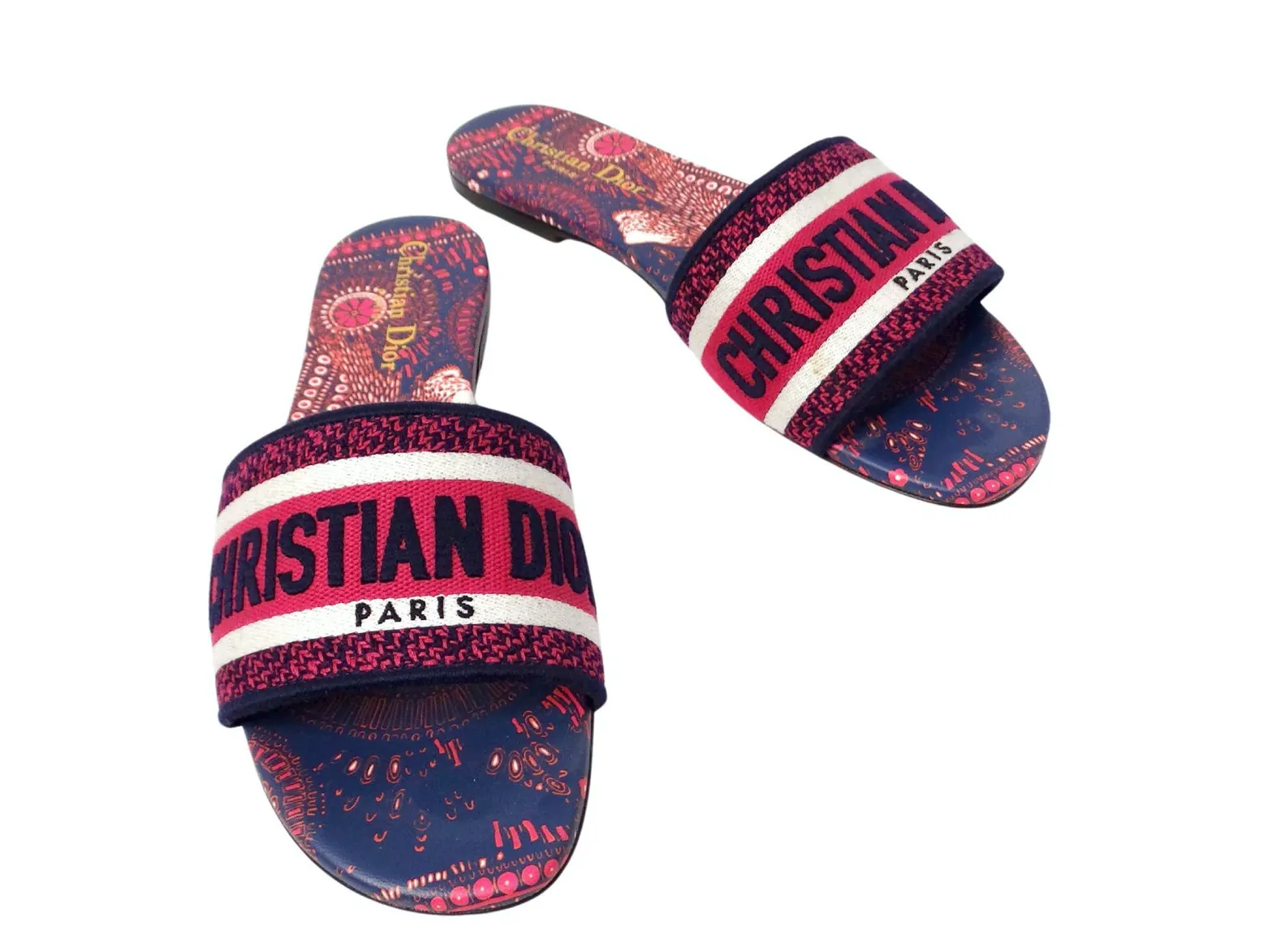 Christian Dior Dway Navy Blue & Pink Printed Canvas Slides