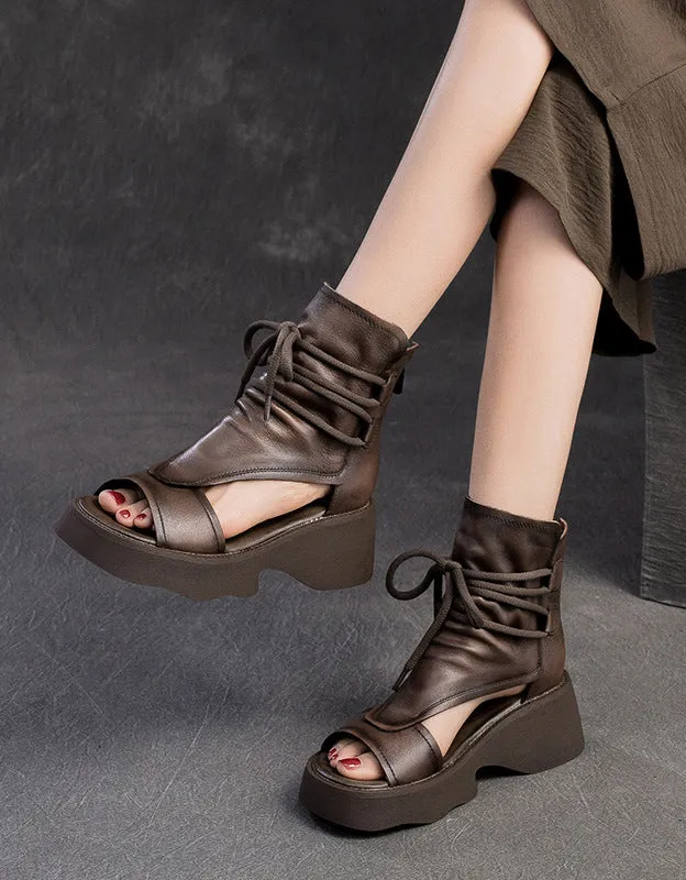 Cut-out Ankle Lace-up Open Toe Wedge Sandals