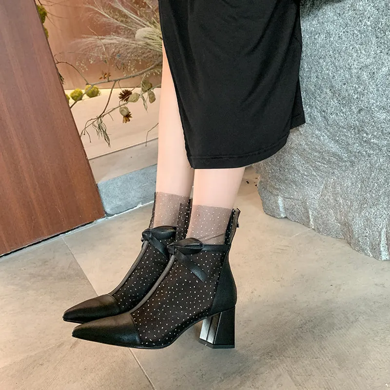 Dianna Chunky Heel Mesh Ankle Boots with Bow