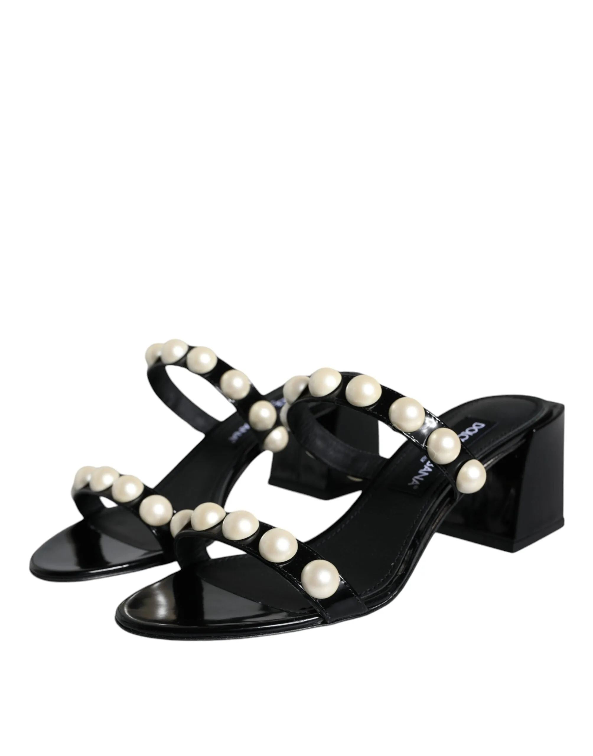 Dolce & Gabbana Black Leather Pearls Slides Sandals Shoes