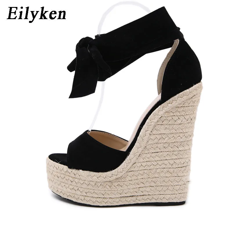 EilyKen Women Summer Butterfly Knot Solid Black Open Toe Sandals