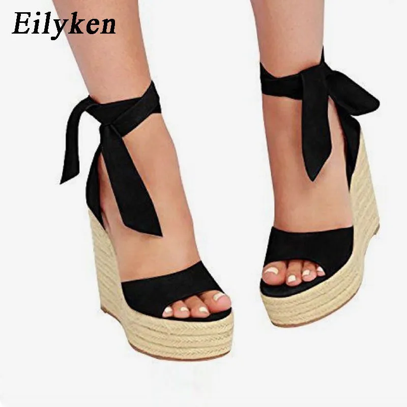 EilyKen Women Summer Butterfly Knot Solid Black Open Toe Sandals