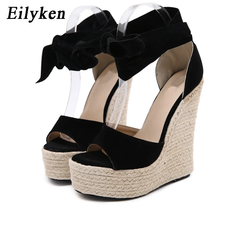 EilyKen Women Summer Butterfly Knot Solid Black Open Toe Sandals