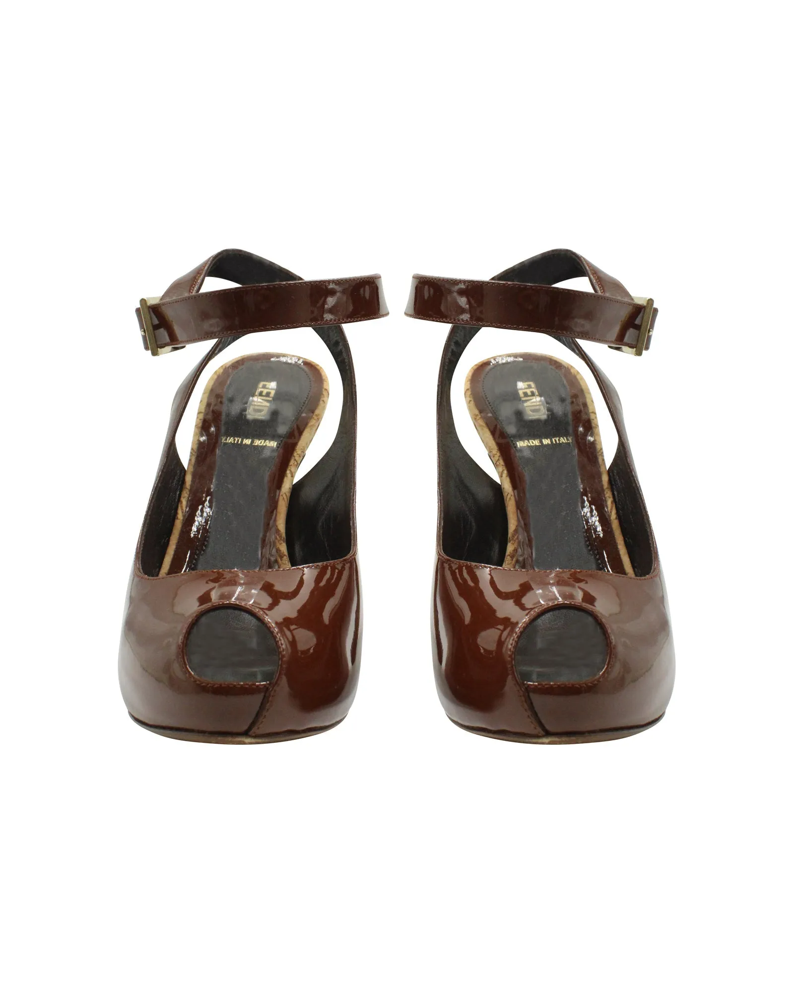 Fendi Peep-Toe Pumps in Brown Patent Leather