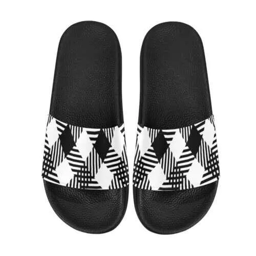 Flip-Flop Sandals, Black and White Plaid Style Women's Slides