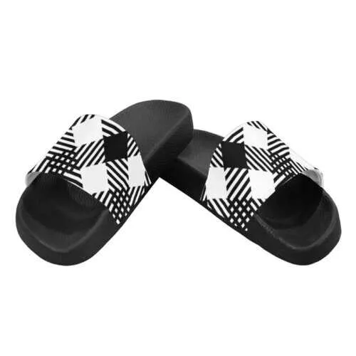 Flip-Flop Sandals, Black and White Plaid Style Women's Slides