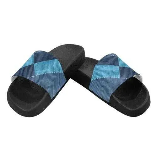 Flip-Flop Sandals, Blue Denim Grid Style Women's Slides