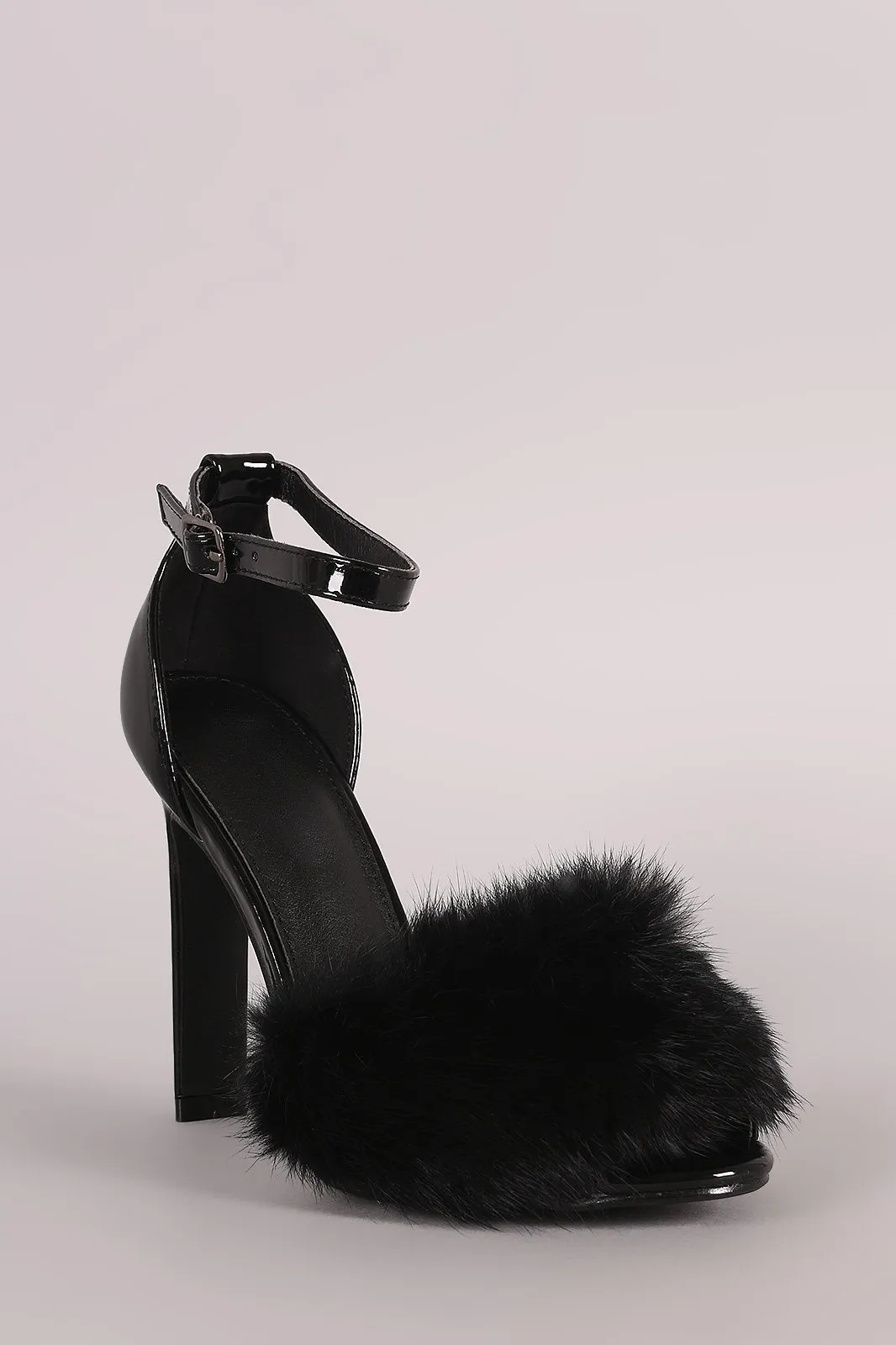 Fluffy Fur Band Ankle Strap Thick Heel