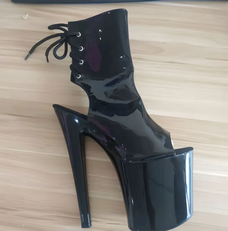 Glossy Black High Heel Platform Ankle Boots for Fetish Bondage