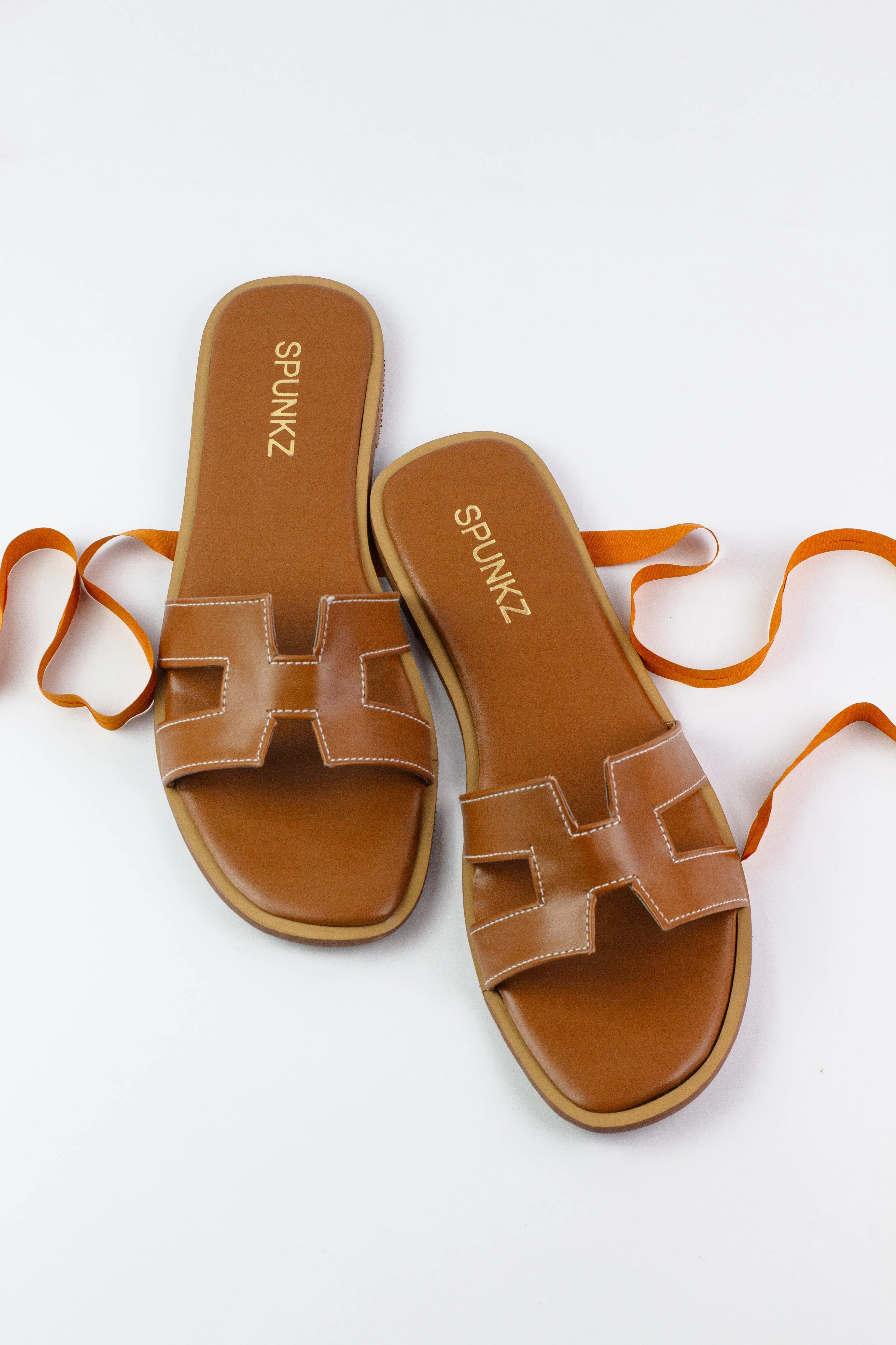 Hania Iconic Brown "H" Cut-Out Faux Leather Flat Slides