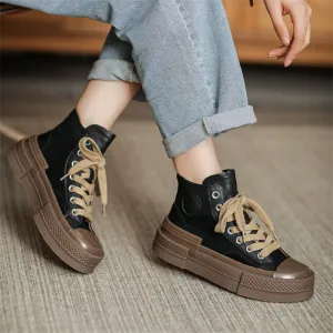 High-top Lace Up Flat Leather and Canvas Sneakers for Women in Yellow/Black