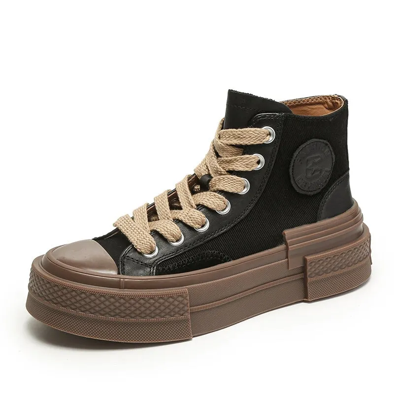 High-top Lace Up Flat Leather and Canvas Sneakers for Women in Yellow/Black