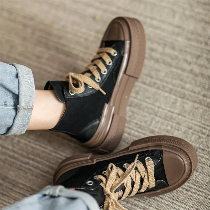 High-top Lace Up Flat Leather and Canvas Sneakers for Women in Yellow/Black