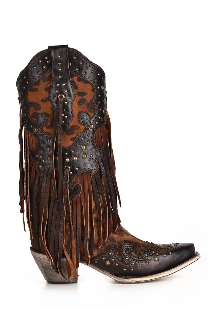 Honey Goat Overlay with Studs and Fringe Boots - Corral Boots at Bourbon Cowgirl