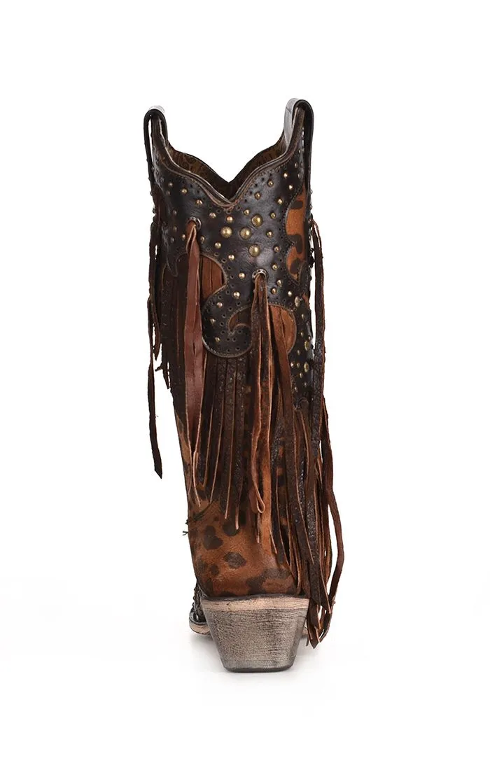 Honey Goat Overlay with Studs and Fringe Boots - Corral Boots at Bourbon Cowgirl