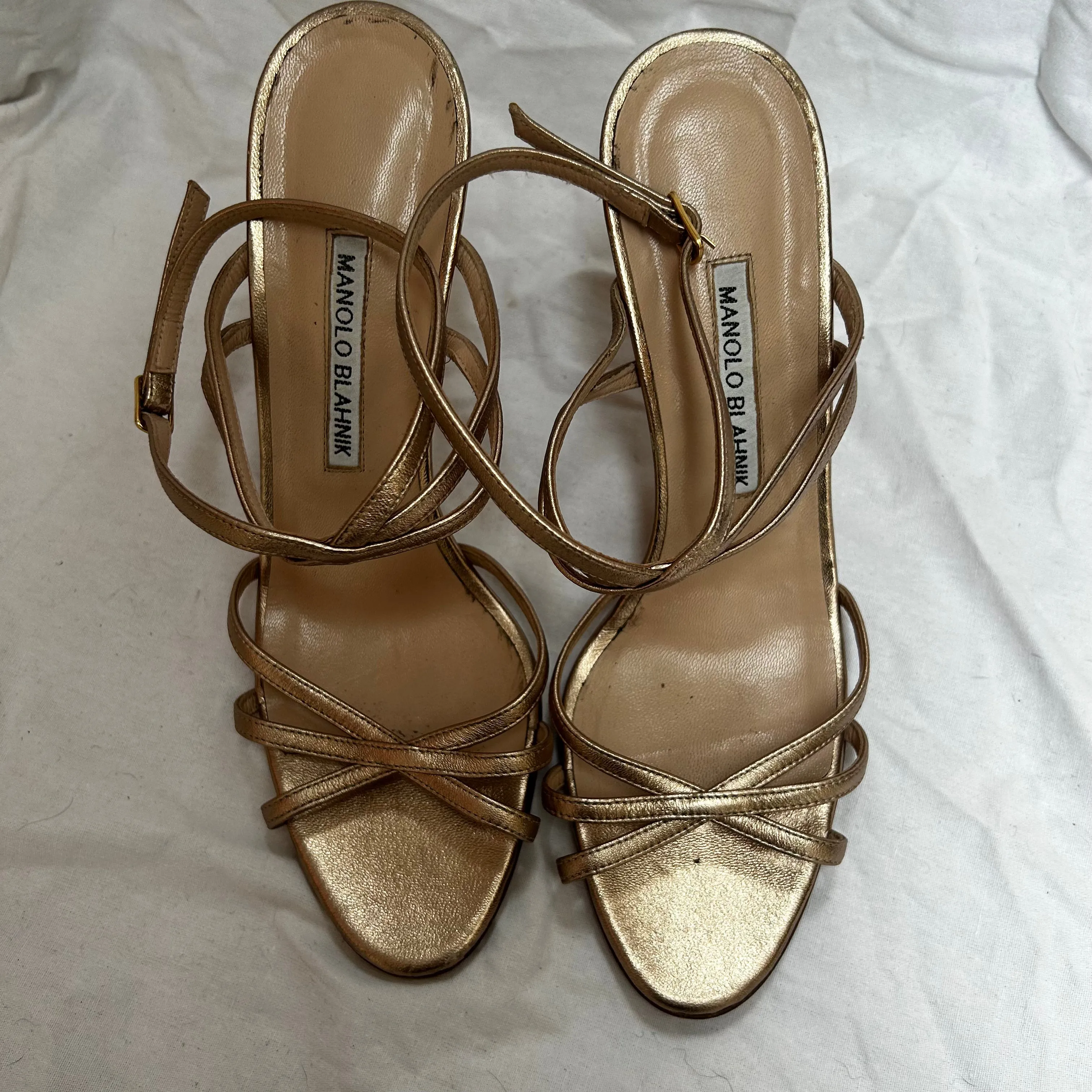 Manolo Blahnik Gold Leather Strappy Sandals 40