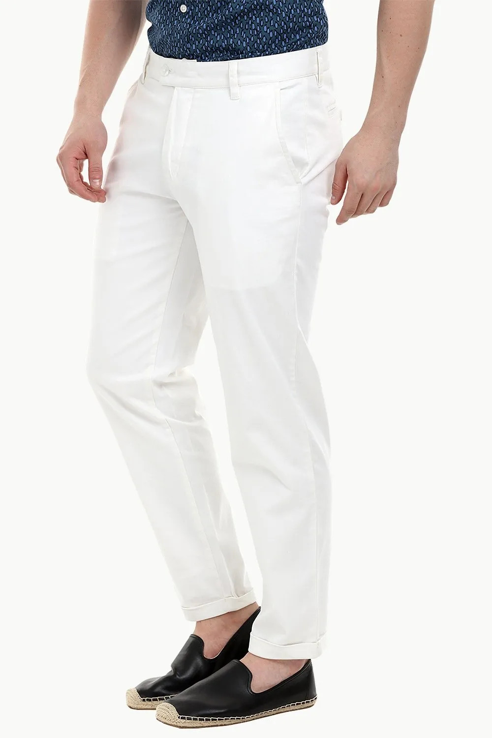 Men'S White Stretchable Straight Twill Pants