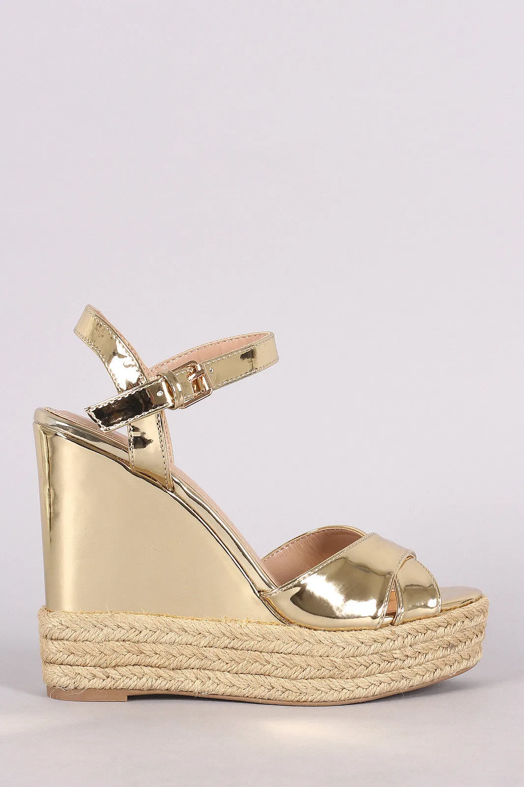 Metallic Patent Crisscross Espadrille Platform Wedge