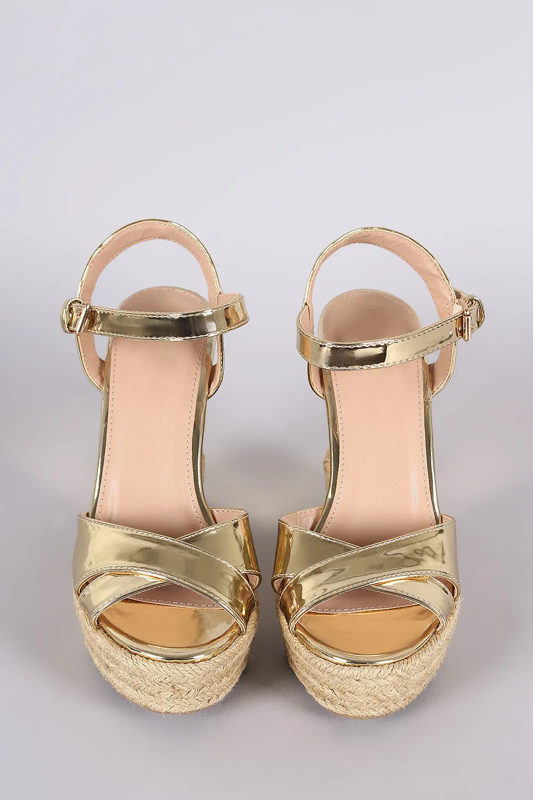 Metallic Patent Crisscross Espadrille Platform Wedge