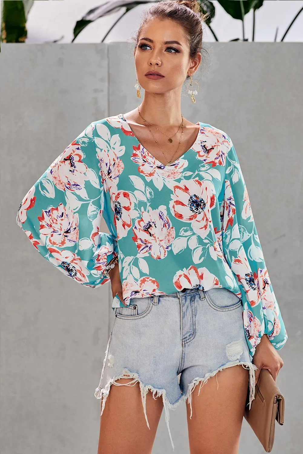 Multicolor Floral Print Balloon Sleeve Boho Blouse