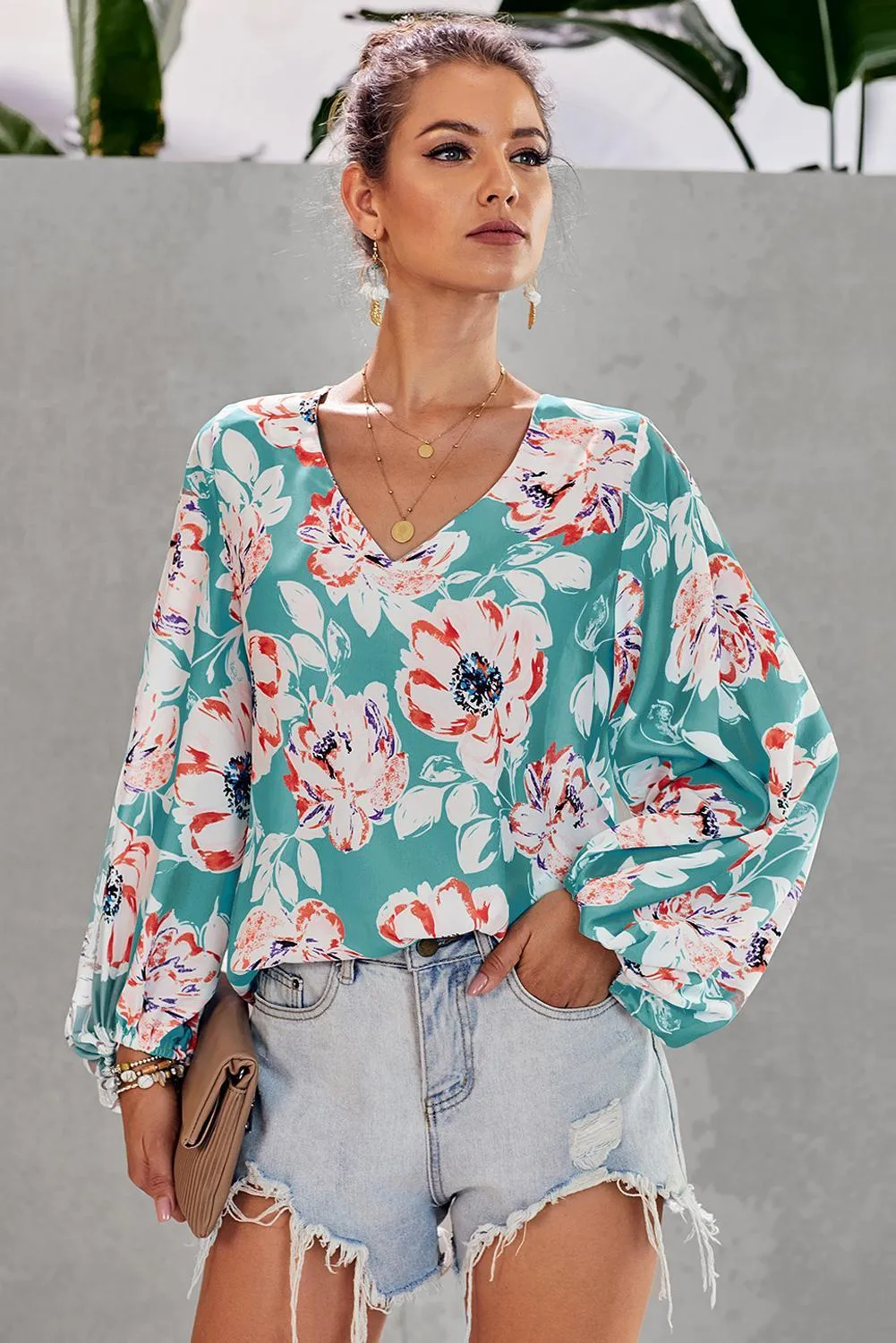 Multicolor Floral Print Balloon Sleeve Boho Blouse