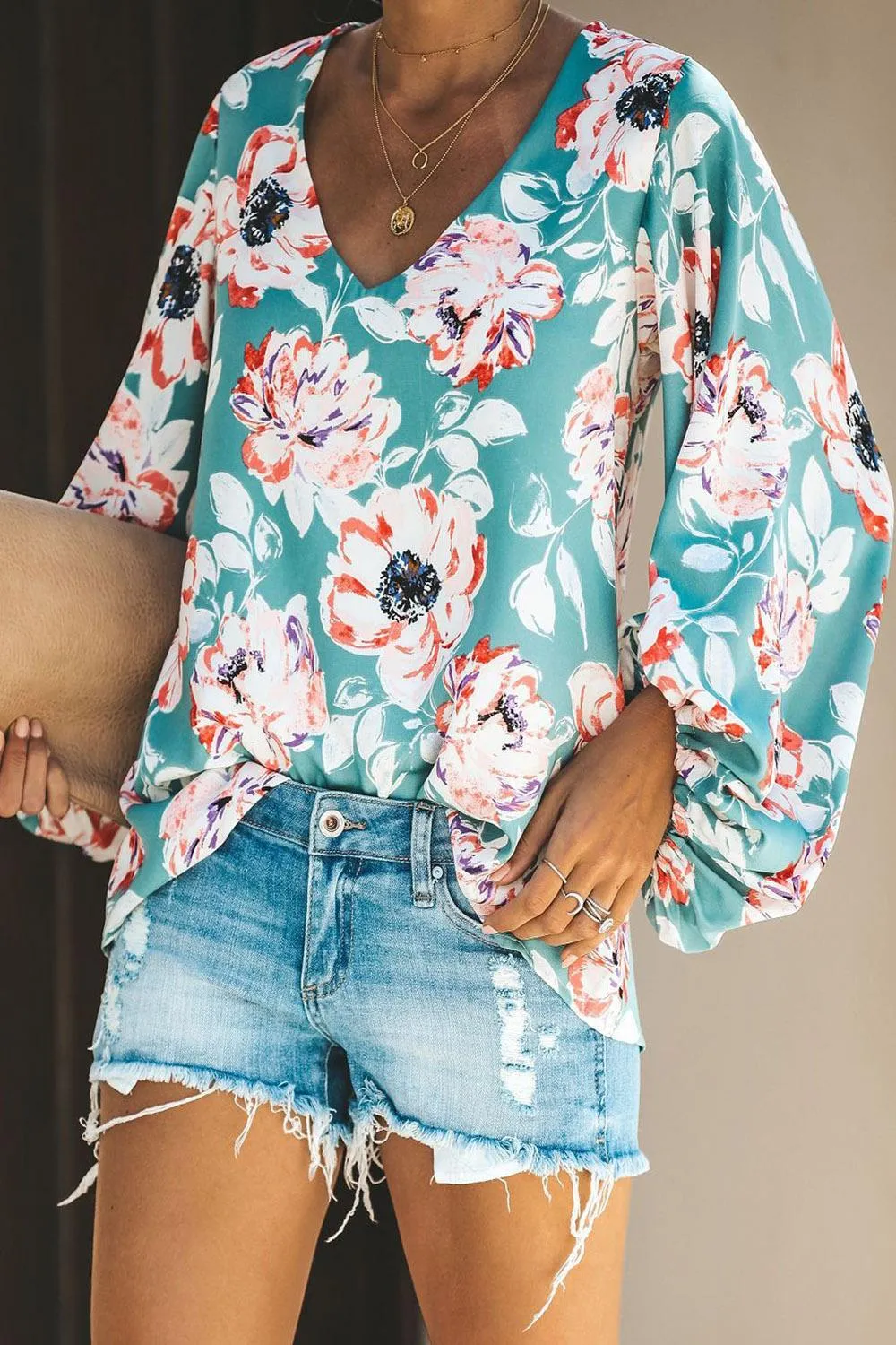 Multicolor Floral Print Balloon Sleeve Boho Blouse