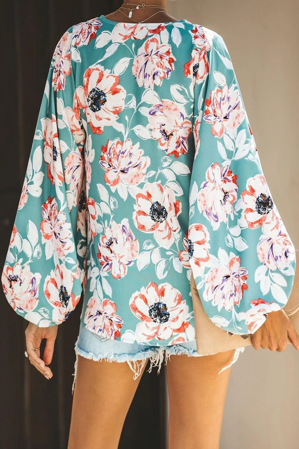 Multicolor Floral Print Balloon Sleeve Boho Blouse