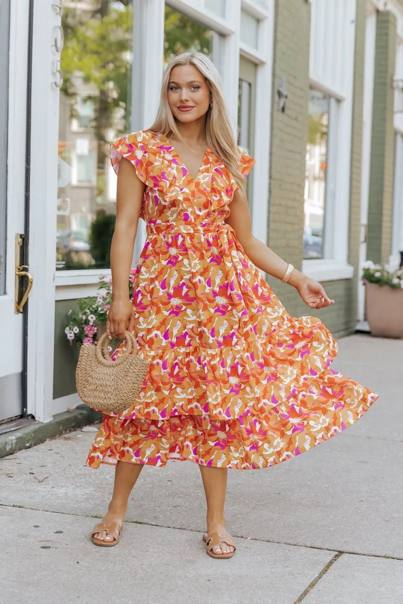 Paradise Peach Floral Tie Midi Dress - FINAL SALE